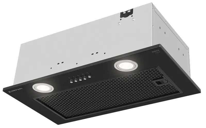 Вытяжка кухонная MEFERI INBOX52BK POWER, 52 см, встраиваемая, черная, производительность 900 м3/ч, 3 скорости, низкий уровень шума, режимы отвод и рециркуляция, гарантия 3 года - изображение vytyazhka_polnovstraivaemaya_inbox52bk_power  