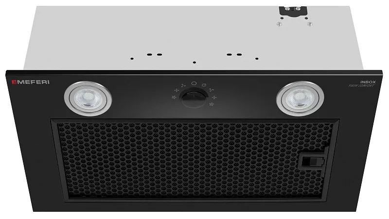 Вытяжка кухонная MEFERI INBOX52BK PUSH COMFORT, 52 см, встраиваемая, черная, производительность 950 м3/ч, 3 скорости, с утапливаемым переключателем, низкий уровень шума, режимы отвод и рециркуляция, гарантия 3 года