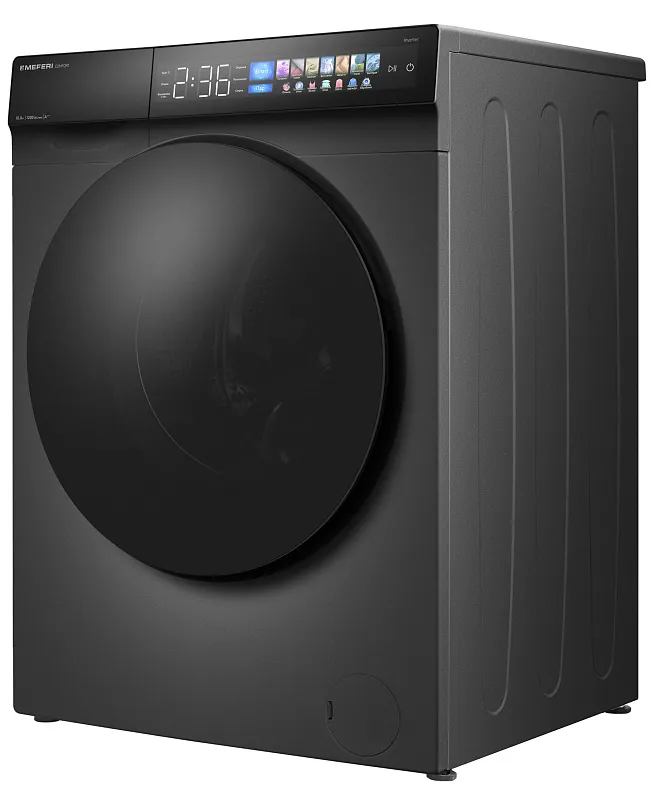 Стиральная машина с инвертором и паром MEFERI MFW101216GR COMFORT отдельностоящая серая, загрузка 10 кг, с возможностью установки в колонну, с сенсорным управлением