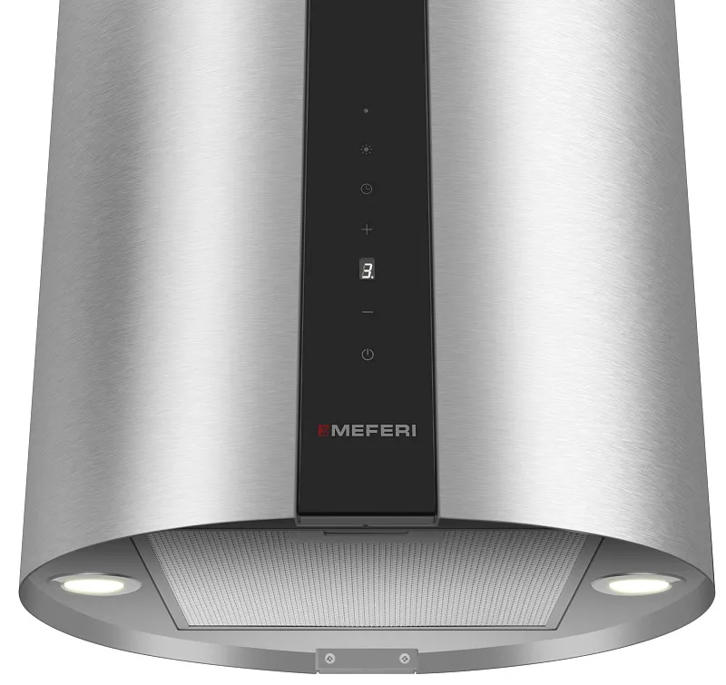 Вытяжка кухонная цилиндрическая островная MEFERI TUBE40IX ISLA COMFORT PLUS, 40 см, серая, производительность 1200 м3/ч, 5 скоростей, режимы отвод и рециркуляция, сенсорное управление, гарантия 3 года