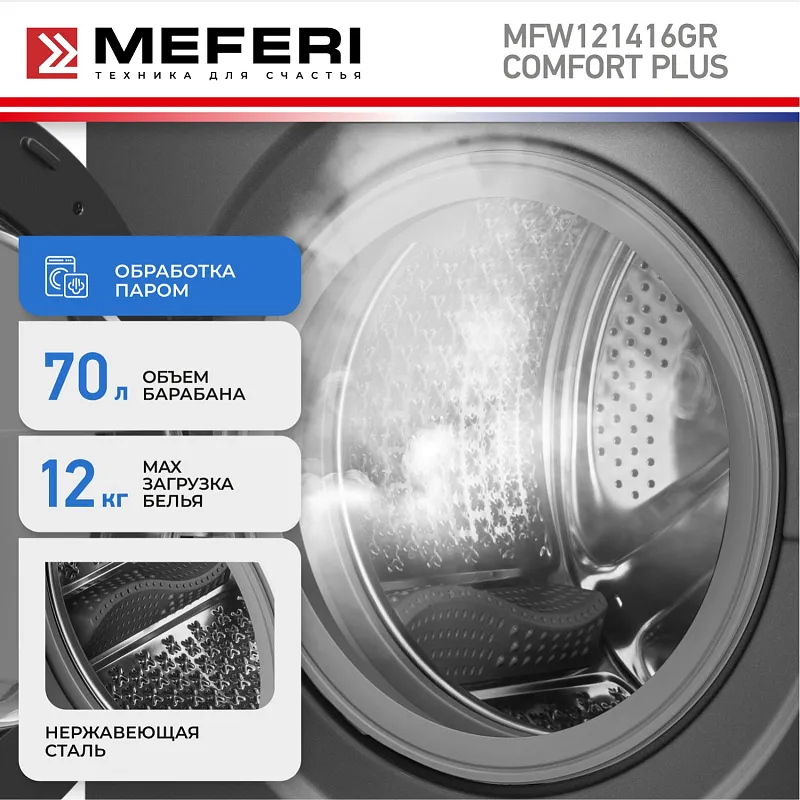 Стиральная машина с инвертором и паром MEFERI MFW121416GR COMFORT PLUS отдельностоящая серая, загрузка 12 кг, с сенсорным управлением