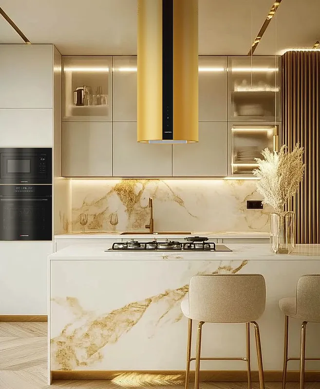 Вытяжка кухонная цилиндрическая островная MEFERI TUBE40GOLD ISLA COMFORT PLUS, 40 см, золотая, производительность 1200 м3/ч, 5 скоростей, режимы отвод и рециркуляция, сенсорное управление, гарантия 3 года