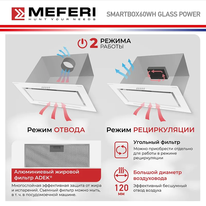 Вытяжка кухонная MEFERI SMARTBOX60WH GLASS POWER, 60 см, встраиваемая, белая, стекло, производительность 900 м3/ч, 3 скорости, низкий уровень шума, режимы отвод и рециркуляция, гарантия 3 года