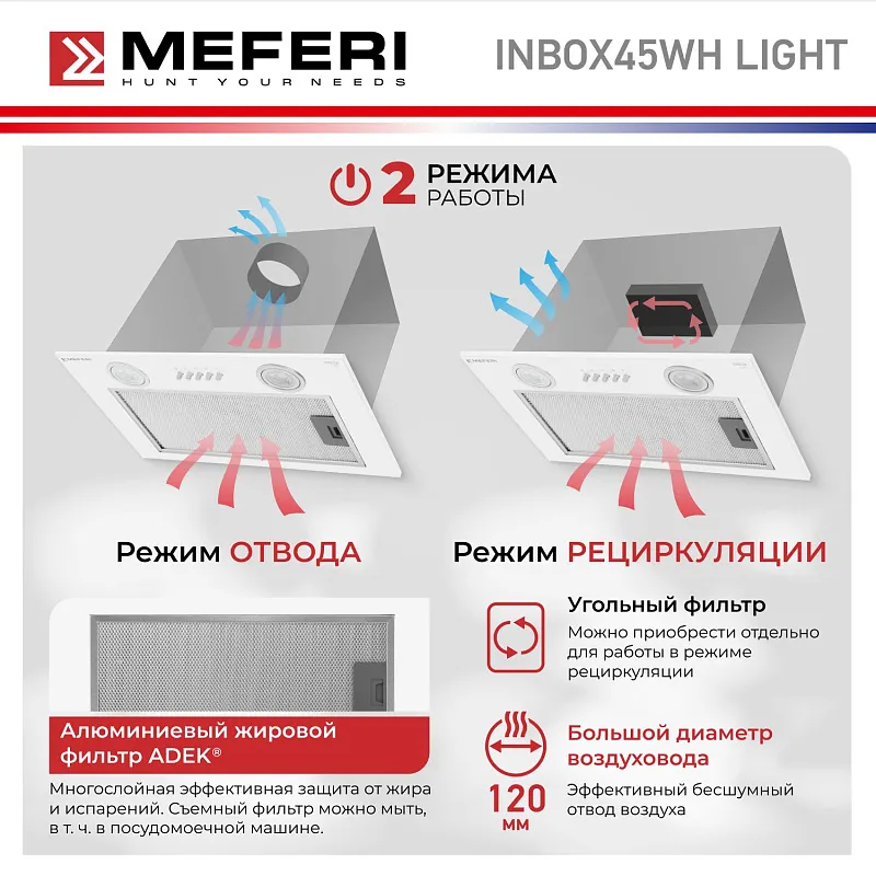 Вытяжка кухонная MEFERI INBOX45WH LIGHT, 45 см, встраиваемая, белая, производительность 650 м3/ч, 3 скорости, низкий уровень шума, режимы отвод и рециркуляция, гарантия 3 года