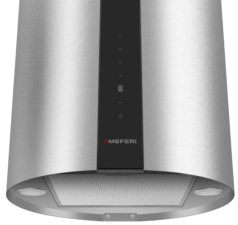 Вытяжка кухонная цилиндрическая островная MEFERI TUBE40IX ISLA COMFORT PLUS, 40 см, серая, производительность 1200 м3/ч, 5 скоростей, режимы отвод и рециркуляция, сенсорное управление, гарантия 3 года