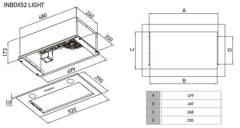 Вытяжка кухонная MEFERI INBOX52BK LIGHT, 52 см, встраиваемая, черная, производительность 650 м3/ч, 3 скорости, низкий уровень шума, режимы отвод и рециркуляция, гарантия 3 года