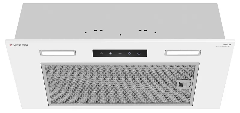 Вытяжка кухонная MEFERI INBOX60WH SENSOR COMFORT, 60 см, встраиваемая, белая, производительность 950 м3/ч, 3 скорости, низкий уровень шума, режимы отвод и рециркуляция, сенсорное управление, пульт дистанционного управления, гарантия 3 года