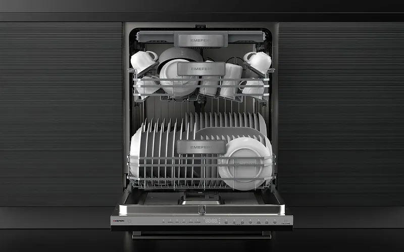 Посудомоечная машина встраиваемая с инвертором MEFERI MDW6093 LUXE 60 см, 16 комплектов посуды, 6 программ, автооткрывание, аквастоп, луч на полу, внутренняя подсветка, половинная загрузка, отсрочка