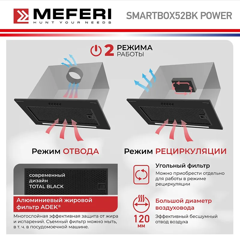 Вытяжка кухонная MEFERI SMARTBOX52BK POWER, 52 см, встраиваемая, черная, производительность 900 м3/ч, 3 скорости, низкий уровень шума, режимы отвод и рециркуляция, гарантия 3 года