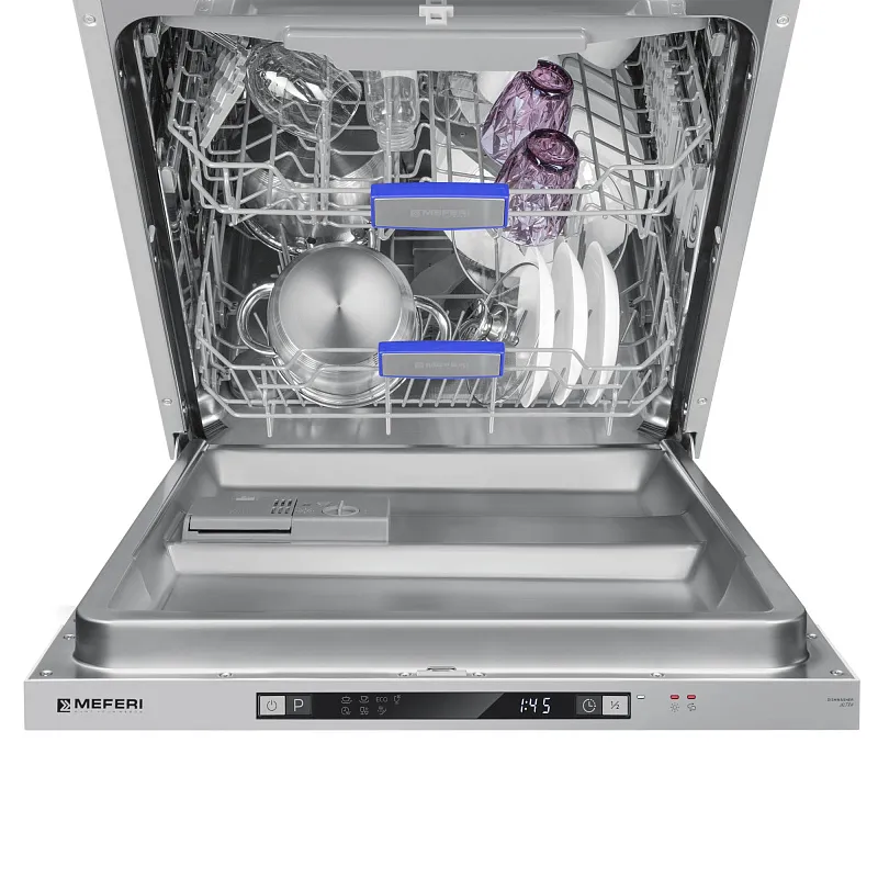 Посудомоечная машина встраиваемая MEFERI MDW6073 ULTRA, 60 см, напольная, 14 комплектов посуды, 7 программ, 3 корзины, луч на полу, внутренняя подсветка, половинная загрузка