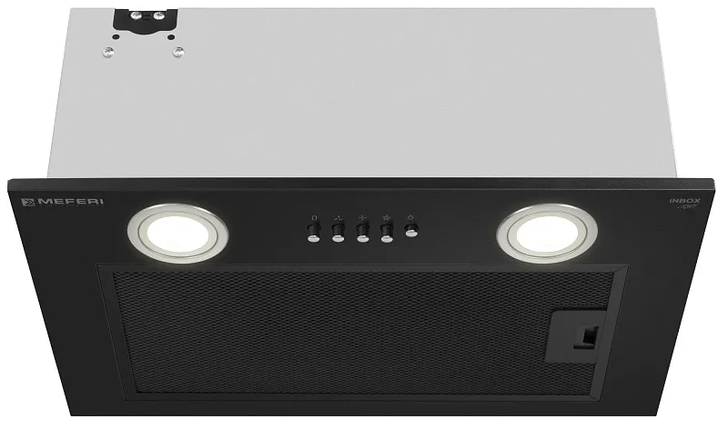 Вытяжка кухонная MEFERI INBOX45BK LIGHT, 45 см, встраиваемая, черная, производительность 650 м3/ч, 3 скорости, низкий уровень шума, режимы отвод и рециркуляция, гарантия 3 года
