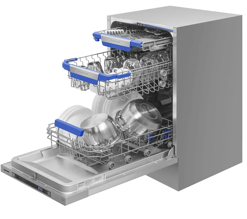 Посудомоечная машина узкая встраиваемая MEFERI MDW4573 COMFORT, 45 см, 10 комплектов посуды, с автооткрыванием, с аквастопом, луч на полу, внутренняя подсветка,отсрочка, таймер