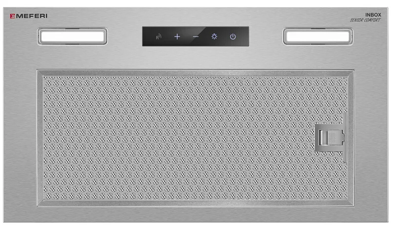 Вытяжка кухонная MEFERI INBOX52IX SENSOR COMFORT, 52 см, встраиваемая, серая, производительность 950 м3/ч, 3 скорости, низкий уровень шума, режимы отвод и рециркуляция, сенсорное управление, пульт дистанционного управления, гарантия 3 года