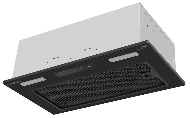 Вытяжка кухонная MEFERI INBOX52BK SENSOR COMFORT, 52 см, встраиваемая, черная, производительность 950 м3/ч, 3 скорости, низкий уровень шума, режимы отвод и циркуляция, сенсорное управление, пульт дистанционного управления, гарантия 3 года