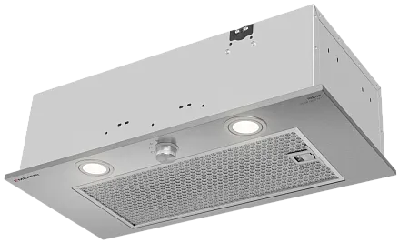 Вытяжка кухонная MEFERI INBOX60IX PUSH COMFORT, 60 см, встраиваемая, серая, производительность 950 м3/ч, 3 скорости, с утапливаемым переключателем, низкий уровень шума, режимы отвод и рециркуляция, гарантия 3 года