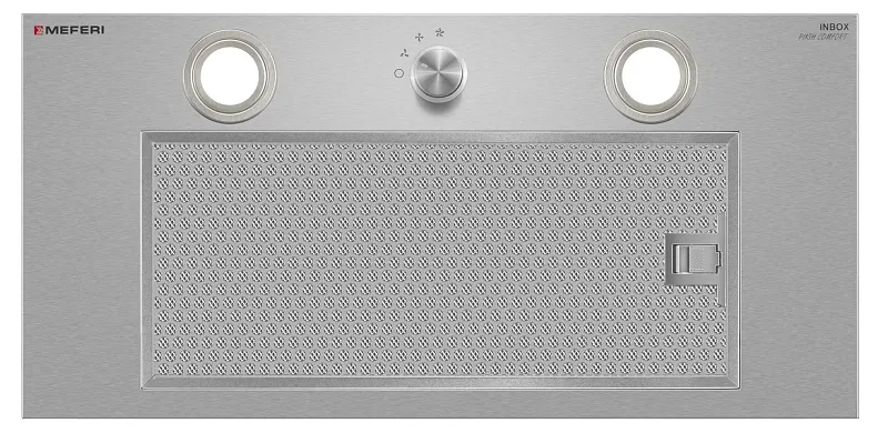Вытяжка кухонная MEFERI INBOX60IX PUSH COMFORT, 60 см, встраиваемая, серая, производительность 950 м3/ч, 3 скорости, с утапливаемым переключателем, низкий уровень шума, режимы отвод и рециркуляция, гарантия 3 года