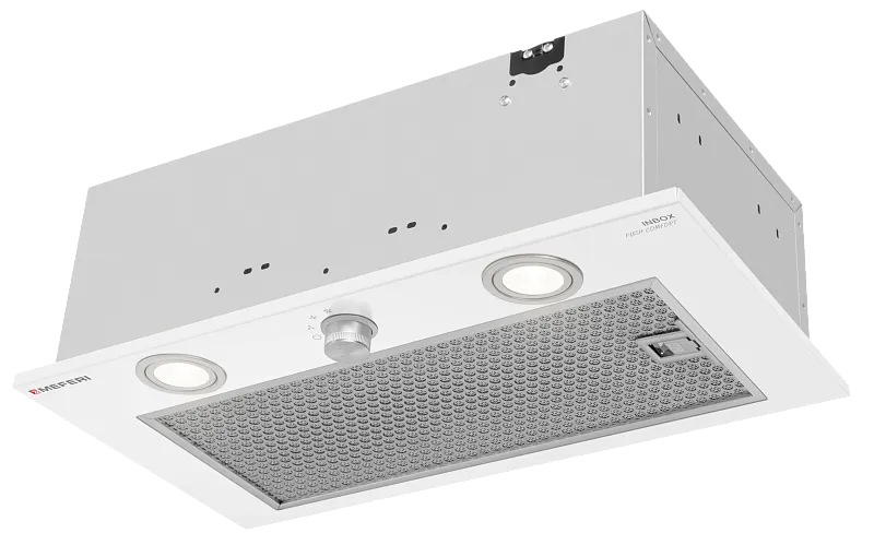 Вытяжка кухонная MEFERI INBOX52WH PUSH COMFORT, 52 см, встраиваемая, белая, производительность 950 м3/ч, 3 скорости, с утапливаемым переключателем, низкий уровень шума, режимы отвод и рециркуляция, гарантия 3 года - изображение vytyazhka_polnovstraivaemaya_inbox52wh_push_comfort  