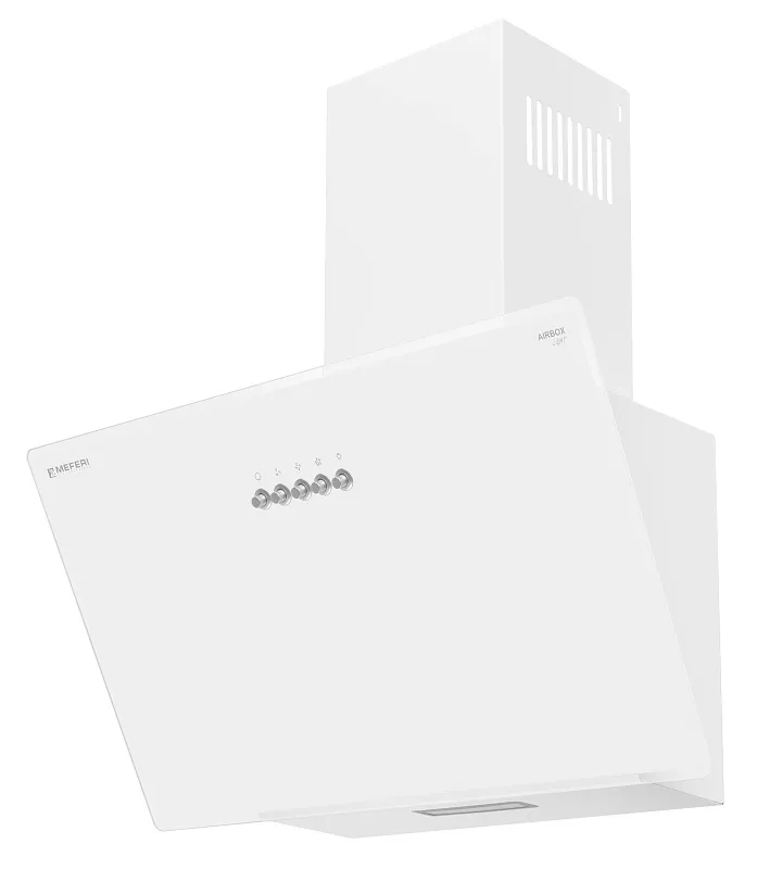 Вытяжка кухонная MEFERI AIRBOX60WH LIGHT, 60 см, наклонная, белая, стекло, производительность 650 м3/ч, 3 скорости, низкий уровень шума, режимы отвод и рециркуляция, гарантия 3 года