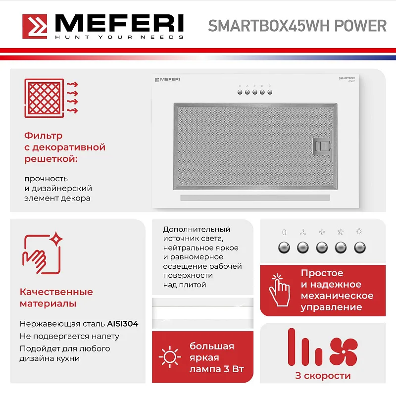 Вытяжка кухонная MEFERI SMARTBOX45WH POWER, 45 см, встраиваемая, белая, производительность 900 м3/ч, 3 скорости, низкий уровень шума, режимы отвод и рециркуляция, гарантия 3 года