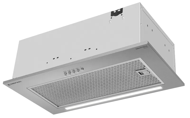 Фото vytyazhka_polnovstraivaemaya_smartbox52ix_power на сайте meferi-home.ru Вытяжка кухонная MEFERI SMARTBOX52IX POWER, 52 см, встраиваемая, серая, производительность 900 м3/ч, 3 скорости, низкий уровень шума, режимы отвод и рециркуляция, гарантия 3 года - изображение vytyazhka_polnovstraivaemaya_smartbox52ix_power