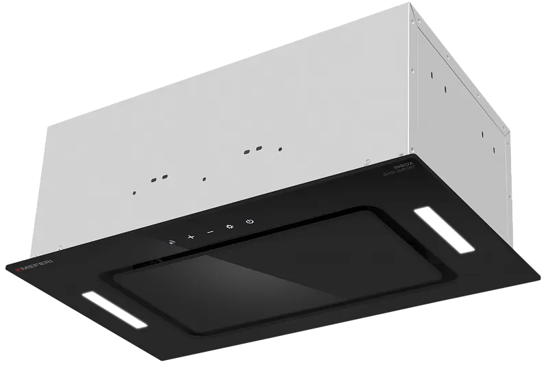 Вытяжка кухонная MEFERI INBOX52BK GLASS COMFORT, 52 см, встраиваемая, черная, стекло, производительность 950 м3/ч, 3 скорости, низкий уровень шума, режимы отвод и рециркуляция, пульт дистанционного управления, гарантия 3 года - изображение vytyazhka_polnovstraivaemaya_inbox52bk_glass_comfort  