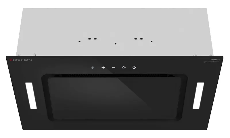 Вытяжка кухонная MEFERI INBOX52BK GLASS COMFORT, 52 см, встраиваемая, черная, стекло, производительность 950 м3/ч, 3 скорости, низкий уровень шума, режимы отвод и рециркуляция, пульт дистанционного управления, гарантия 3 года