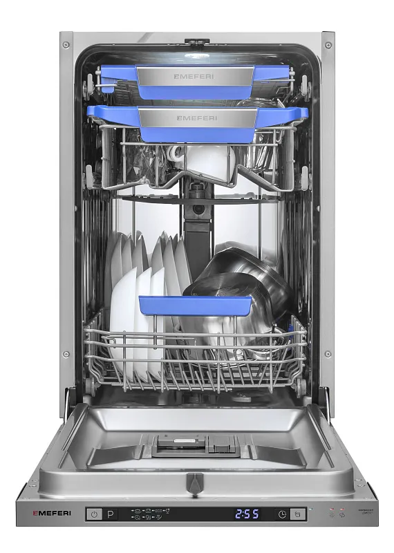 Посудомоечная машина узкая встраиваемая MEFERI MDW4573 COMFORT, 45 см, 10 комплектов посуды, с автооткрыванием, с аквастопом, луч на полу, внутренняя подсветка,отсрочка, таймер