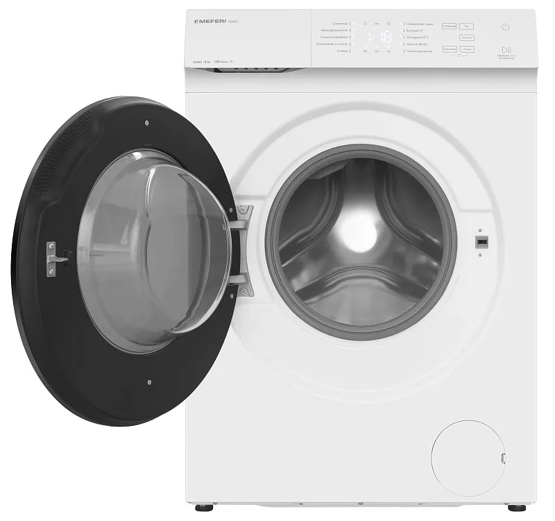 Стиральная машина с паром узкая MEFERI MFW081210WH POWER отдельностоящая белая, глубина 38,5 см, загрузка 8 кг