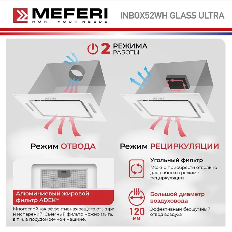 Вытяжка кухонная MEFERI INBOX52WH GLASS ULTRA, 52 см, встраиваемая, белая, стекло, производительность 900 м3/ч, 3 скорости, низкий уровень шума, режимы отвод и рециркуляция, гарантия 3 года