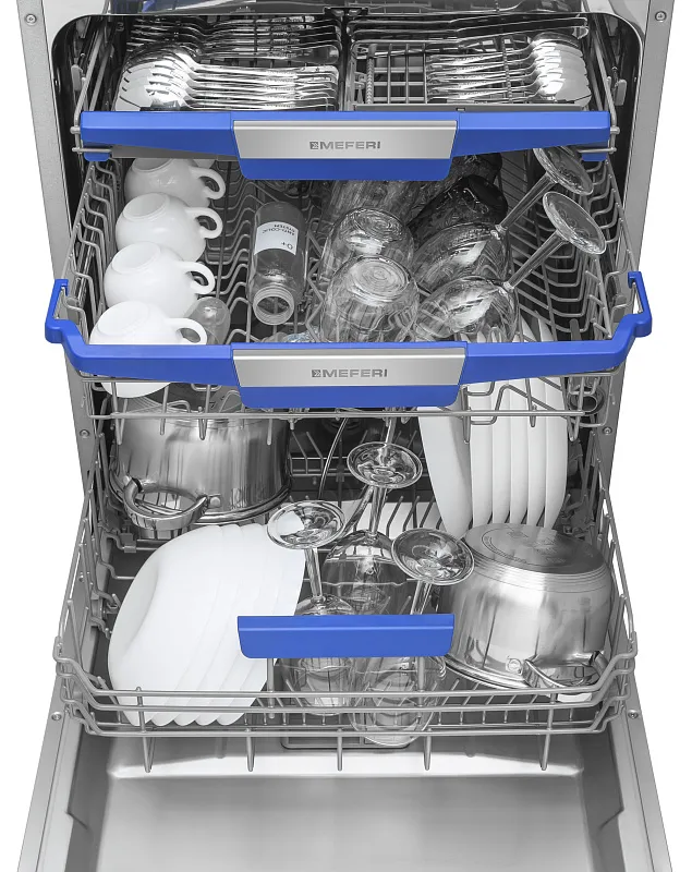 Посудомоечная машина встраиваемая MEFERI MDW6073 COMFORT, 60 см, напольная, 14 комплектов посуды, 7 программ, 3 корзины, автооткрывание, аквастоп, луч на полу, внутренняя подсветка