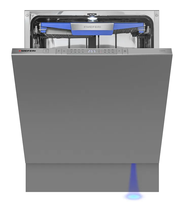 Посудомоечная машина встраиваемая с инвертором MEFERI MDW6083 COMFORT PLUS, 60 см, 14 комплектов посуды, с автооткрыванием, с аквастопом,  луч на полу, внутренняя подсветка, половинная загрузка, отсрочка