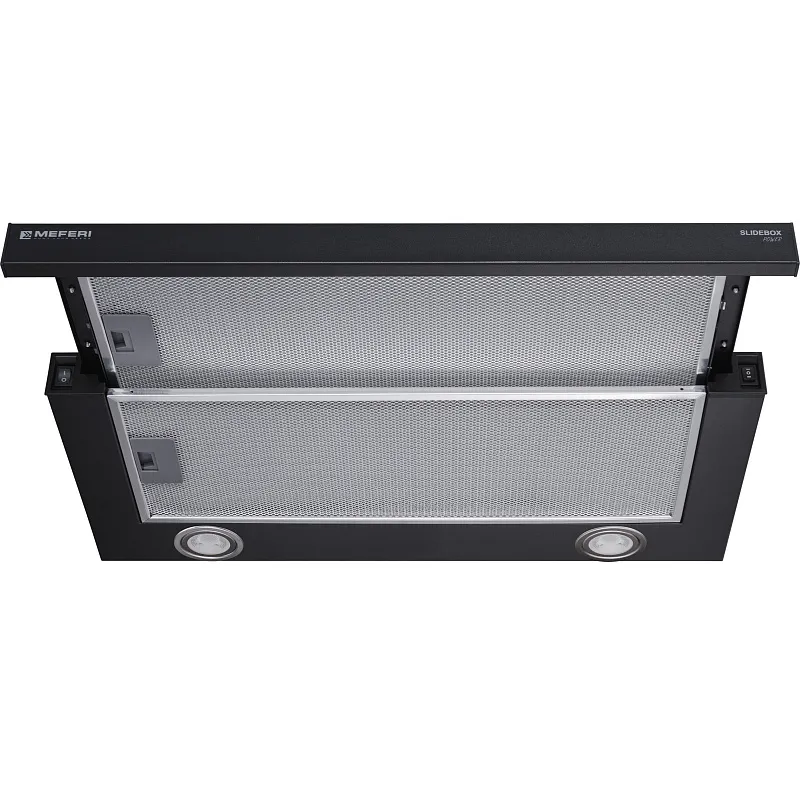 Вытяжка телескопическая кухонная MEFERI SLIDEBOX60BK POWER, 60 см, черная, производительность 850 м3/ч, 2 скорости, низкий уровень шума, режимы отвод и рециркуляция, гарантия 3 года