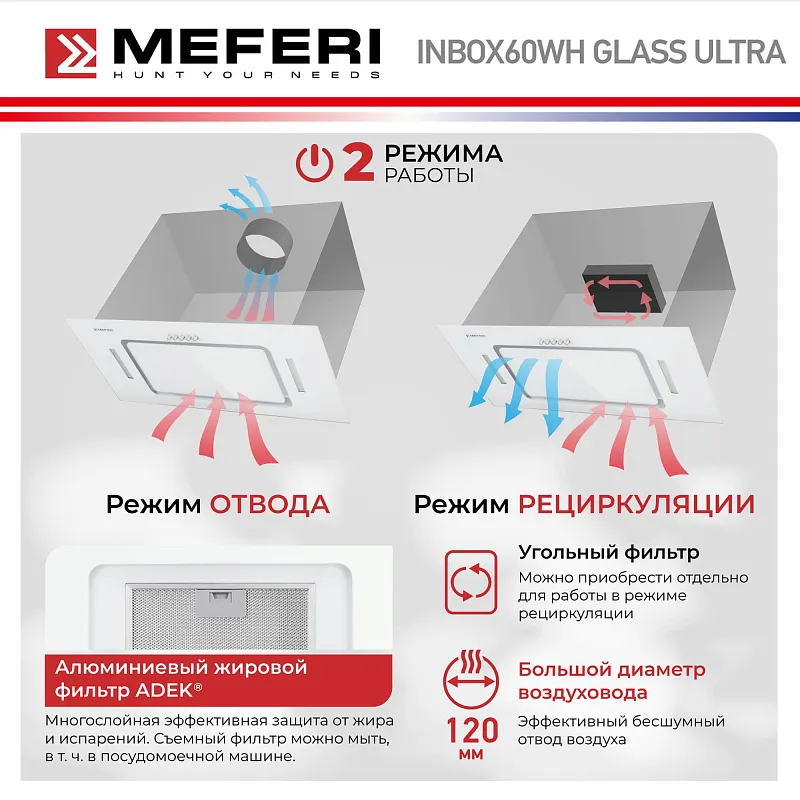 Вытяжка кухонная MEFERI INBOX60WH GLASS ULTRA, 60 см, встраиваемая, белая, стекло, производительность 900 м3/час, низкий уровень шума, режимы отвод и циркуляция, гарантия 3 года