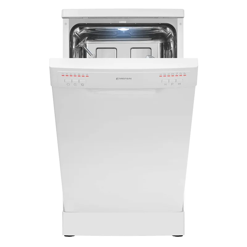 Посудомоечная машина узкая отдельностоящая MEFERI MDW4562WH FS LIGHT, 45 см, 9 комплектов посуды, 6 программ, 2 корзины, половинная загрузка, отсрочка, таймер, защита от протечек, внутренняя подсветка