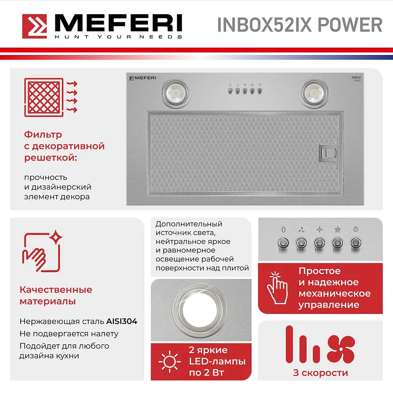 Вытяжка кухонная MEFERI INBOX52IX POWER, 52 см, встраиваемая, серая, производительность 900 м3/ч, 3 скорости, низкий уровень шума, режимы отвод и рециркуляция, гарантия 3 года
