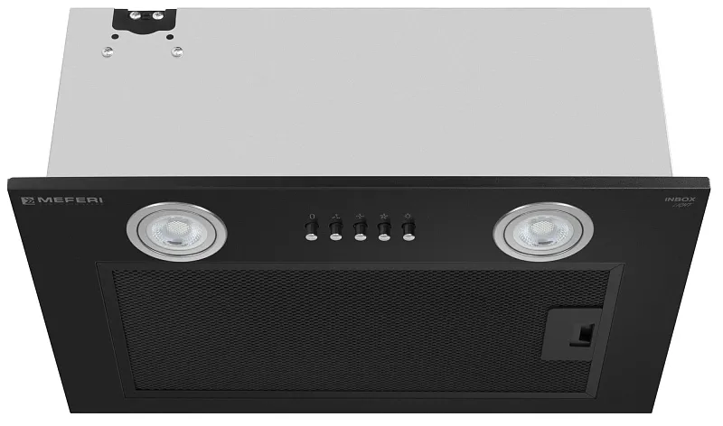 Вытяжка кухонная MEFERI INBOX45BK LIGHT, 45 см, встраиваемая, черная, производительность 650 м3/ч, 3 скорости, низкий уровень шума, режимы отвод и рециркуляция, гарантия 3 года