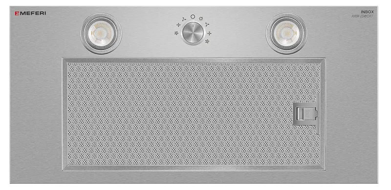 Вытяжка кухонная MEFERI INBOX60IX PUSH COMFORT, 60 см, встраиваемая, нержавеющая сталь, инверторный мотор, производительность 900 м3/ч, 3 скорости, с утапливаемым переключателем, низкий уровень шума, режимы отвод и рециркуляция, гарантия 3 года