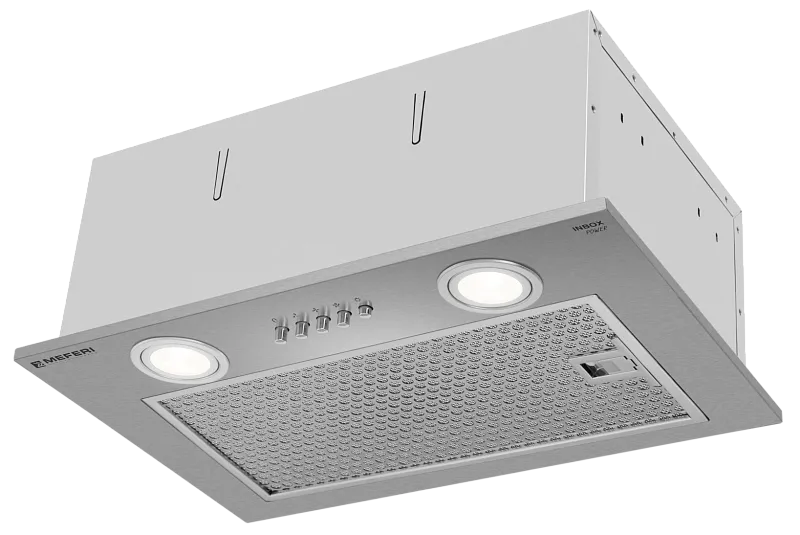 Фото vytyazhka_polnovstraivaemaya_inbox45ix_power на сайте meferi-home.ru Вытяжка кухонная MEFERI INBOX45IX POWER, 45 см, встраиваемая, серая, производительность 900 м3/ч, 3 скорости, низкий уровень шума, режимы отвод и рециркуляция, гарантия 3 года - изображение vytyazhka_polnovstraivaemaya_inbox45ix_power