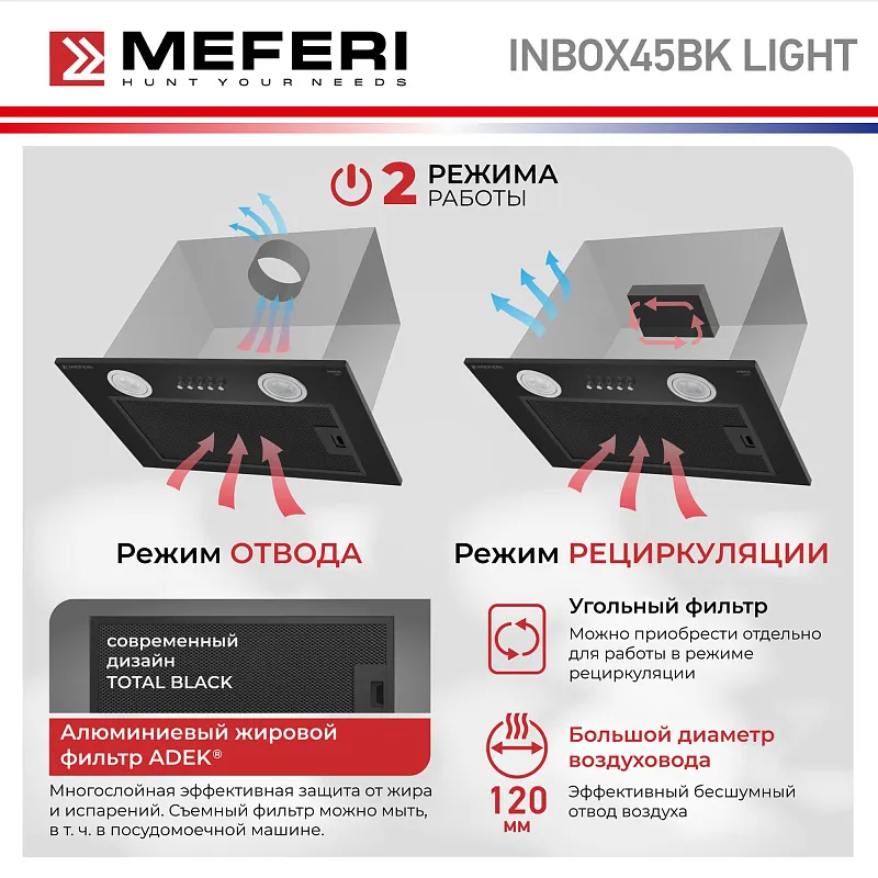 Вытяжка кухонная MEFERI INBOX45BK LIGHT, 45 см, встраиваемая, черная, производительность 650 м3/ч, 3 скорости, низкий уровень шума, режимы отвод и рециркуляция, гарантия 3 года