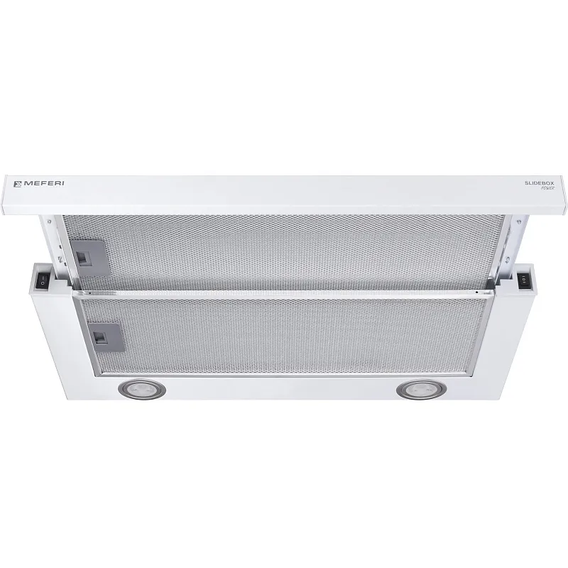 Вытяжка телескопическая кухонная MEFERI SLIDEBOX60WH POWER, 60 см, белая, производительность 850 м3/ч, 2 скорости, низкий уровень шума, режимы отвод и рециркуляция, гарантия 3 года