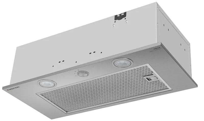 Вытяжка кухонная MEFERI INBOX60IX PUSH COMFORT, 60 см, встраиваемая, серая, производительность 950 м3/ч, 3 скорости, с утапливаемым переключателем, низкий уровень шума, режимы отвод и рециркуляция, гарантия 3 года