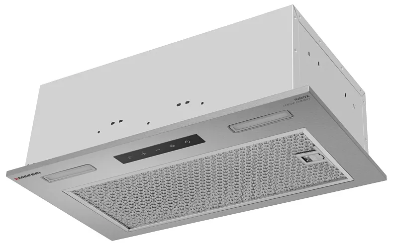 Вытяжка кухонная MEFERI INBOX52IX SENSOR COMFORT, 52 см, встраиваемая, серая, производительность 950 м3/ч, 3 скорости, низкий уровень шума, режимы отвод и рециркуляция, сенсорное управление, пульт дистанционного управления, гарантия 3 года