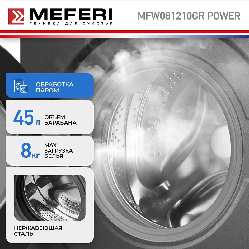 Стиральная машина с паром узкая MEFERI MFW081210GR POWER отдельностоящая серая, глубина 38,5 см, загрузка 8 кг