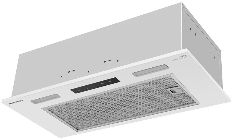 Вытяжка кухонная MEFERI INBOX60WH SENSOR COMFORT, 60 см, встраиваемая, белая, производительность 950 м3/ч, 3 скорости, низкий уровень шума, режимы отвод и рециркуляция, сенсорное управление, пульт дистанционного управления, гарантия 3 года