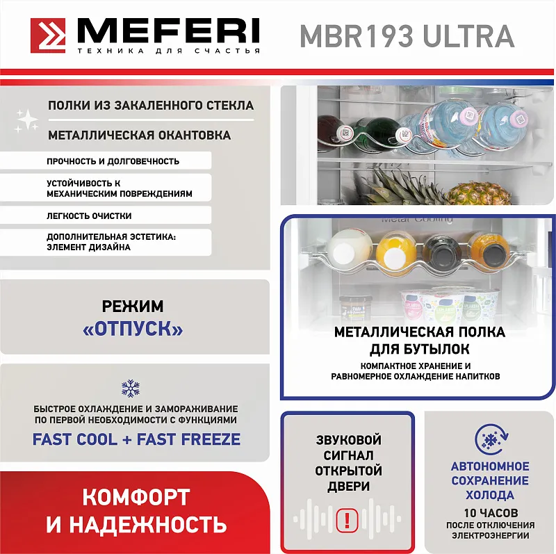 Холодильник встраиваемый, с инвертором MEFERI MBR193 TOTAL NO FROST ULTRA (модификация 2025), двухкамерный, двухдверный, перенавешиваемые двери, суперохлаждение, суперзаморозка, с зоной свежести, с металлической пластиной Metal Cooling
