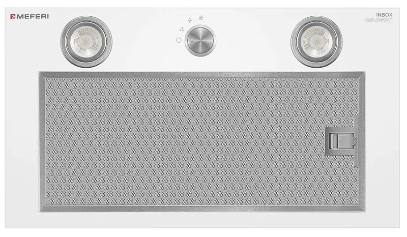 Вытяжка кухонная MEFERI INBOX52WH PUSH COMFORT, 52 см, встраиваемая, белая, производительность 950 м3/ч, 3 скорости, с утапливаемым переключателем, низкий уровень шума, режимы отвод и рециркуляция, гарантия 3 года