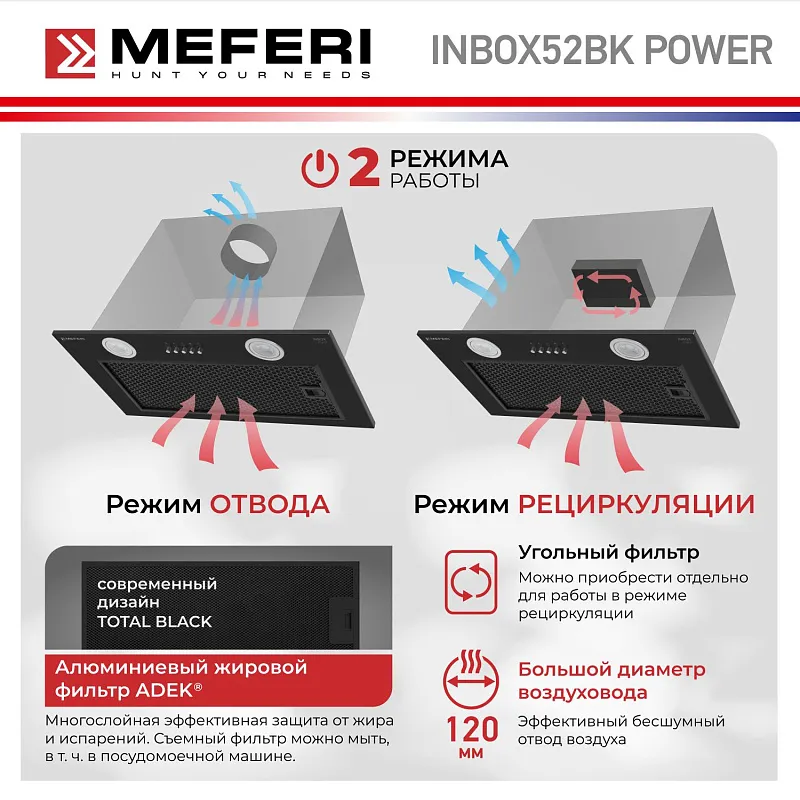 Вытяжка кухонная MEFERI INBOX52BK POWER, 52 см, встраиваемая, черная, производительность 900 м3/ч, 3 скорости, низкий уровень шума, режимы отвод и рециркуляция, гарантия 3 года