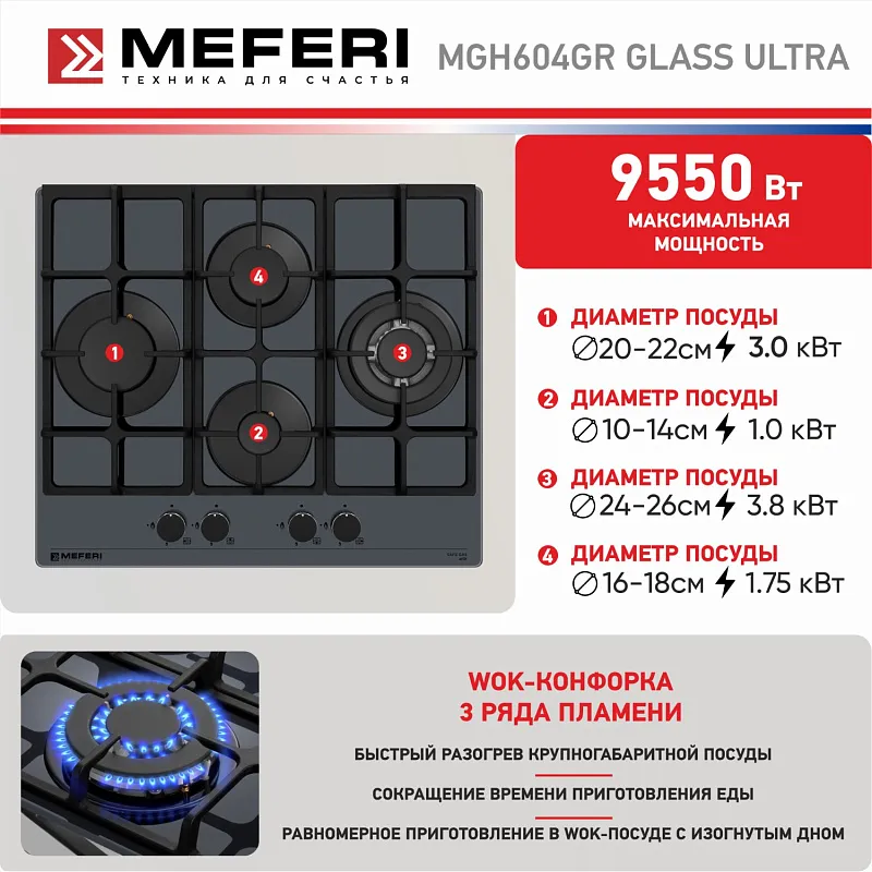 Варочная панель газовая MEFERI MGH604GR GLASS ULTRA