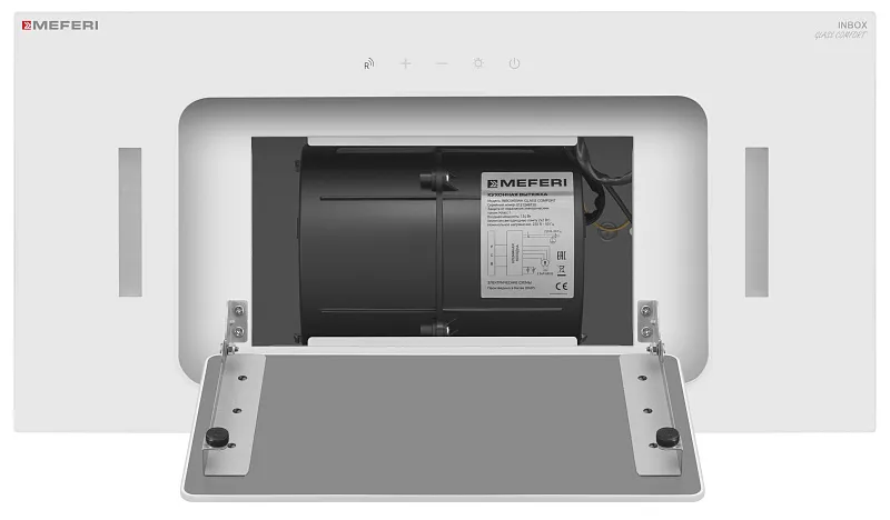 Вытяжка кухонная MEFERI INBOX60WH GLASS COMFORT, 60 см, встраиваемая, белая, стекло, производительность 950 м3/ч, 3 скорости, низкий уровень шума, режимы отвод и рециркуляция, пульт дистанционного управления, гарантия 3 года