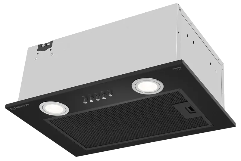 Фото vytyazhka_polnovstraivaemaya_inbox45bk_light на сайте meferi-home.ru Вытяжка кухонная MEFERI INBOX45BK LIGHT, 45 см, встраиваемая, черная, производительность 650 м3/ч, 3 скорости, низкий уровень шума, режимы отвод и рециркуляция, гарантия 3 года - изображение vytyazhka_polnovstraivaemaya_inbox45bk_light